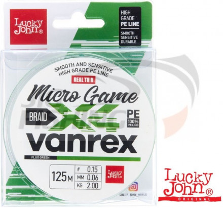 Шнур Lucky John Vanrex X4 Braid Micro Game 125m Fluo Green #0.6 0.12mm 5.10kg