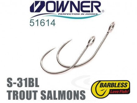 Одинарные крючки Owner/C&#039;ultiva Trout Salmons S-31BL (Barbless) #8
