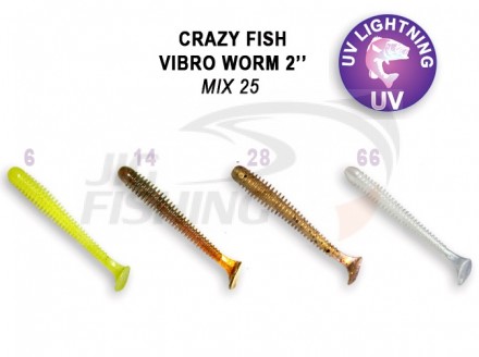 Мягкие приманки Crazy Fish Vibro Worm 2&quot; Mix 25