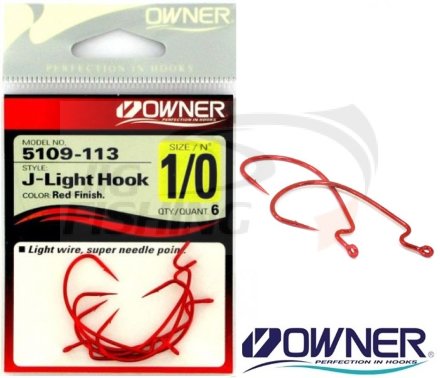 Офсетные крючки Owner 5109 J-Light Worm Hook Red #1 (6шт/уп)